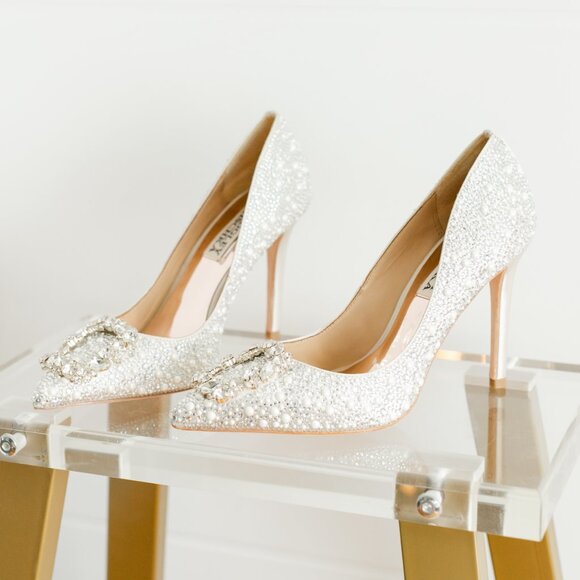 Badgley Mischka Cher II Ivory Pearl Diamond Pointed Toe Stiletto 5 Bride - Picture 11 of 15